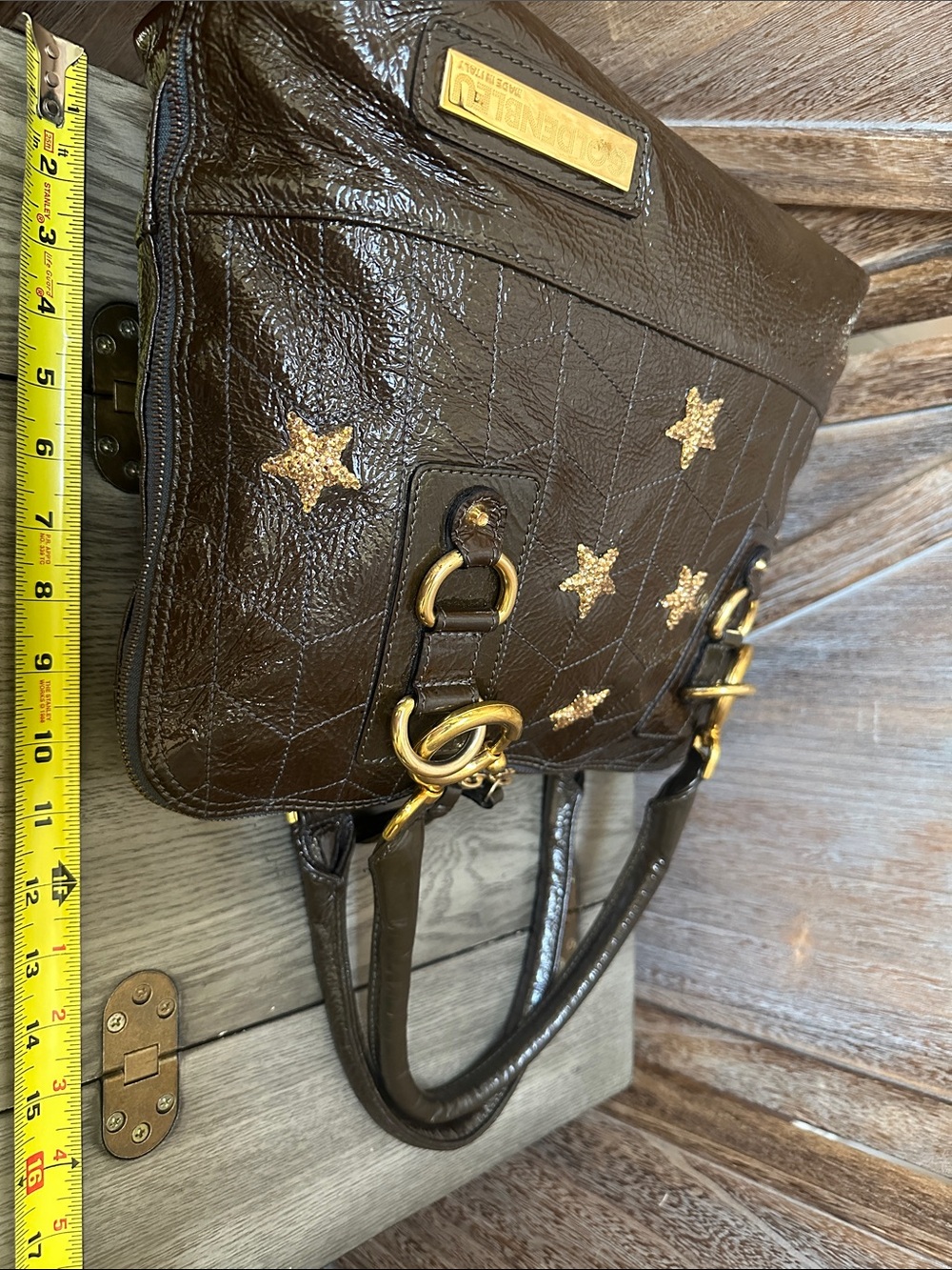 Goldenbleu Made in Italy Vintage Dark Brown Patent Leather Gold Stars Satchel - Picture 7 of 14